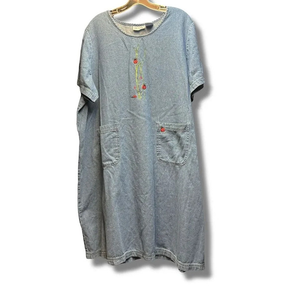 Blair Women's 2XL Vintage Denim Dress Embroidered Ladybug Blue Casual - Picture 3 of 8